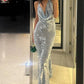Silver Beautiful Charming Suspender Long Mermaid Slim Sequin Party Dress Ball Gown Evening Dress nv4108