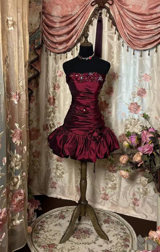 NiceVestidos-Red Floral Satin Short Formal Homecoming Dress Hoco Gown nv5495