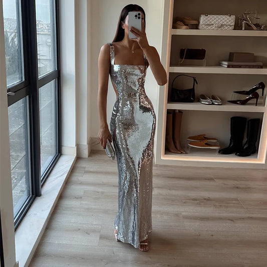 Silver Fashion Sequin Sexy Bodycon Halter Ball Gown Mermaid Evening Dress nv1799