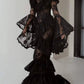Gothic Dark Style Vintage Luxury Fairy Style High-Neck Bell-Sleeve Gown | Black/White Lace Sheer Multi-Layer Ruffled Maxi Dress for Wedding Retro Theme Party Luxury Dinner NV6284