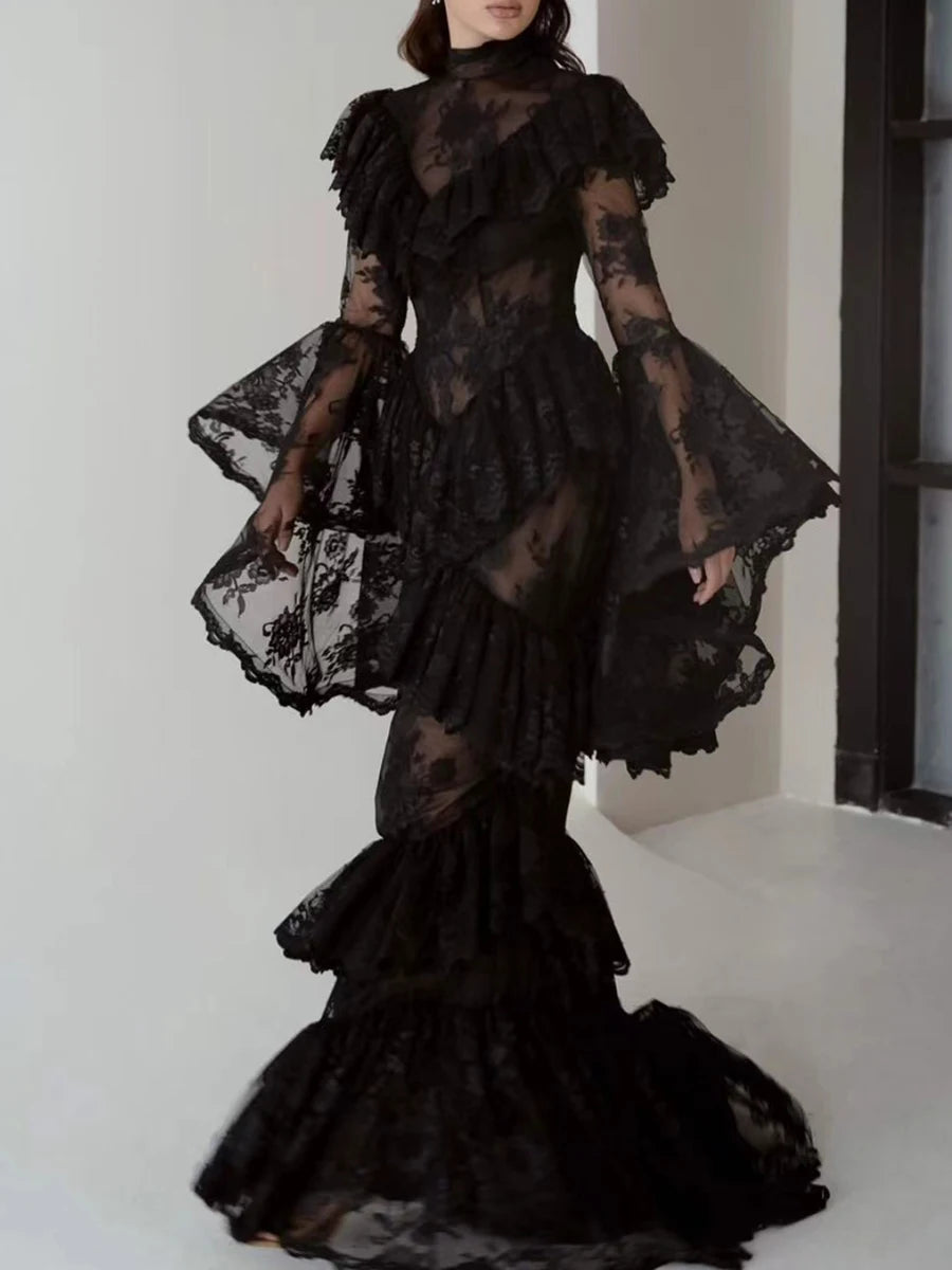 Gothic Dark Style Vintage Luxury Fairy Style High-Neck Bell-Sleeve Gown | Black/White Lace Sheer Multi-Layer Ruffled Maxi Dress for Wedding Retro Theme Party Luxury Dinner NV6284
