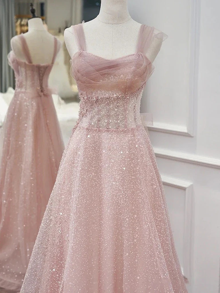 Pink Elegant Spaghetti Strap A-Line Sparkling Beaded Sleeveless Formal Wedding Party Prom Evening Gown Bridesmaid Dresses banquet outfit nv2994