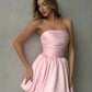 Pink Elegant Simple Sleeveless Pleated Satin Off-the-shoulder A-line Party Dress Homecoming Dress Prom Gown nv1841