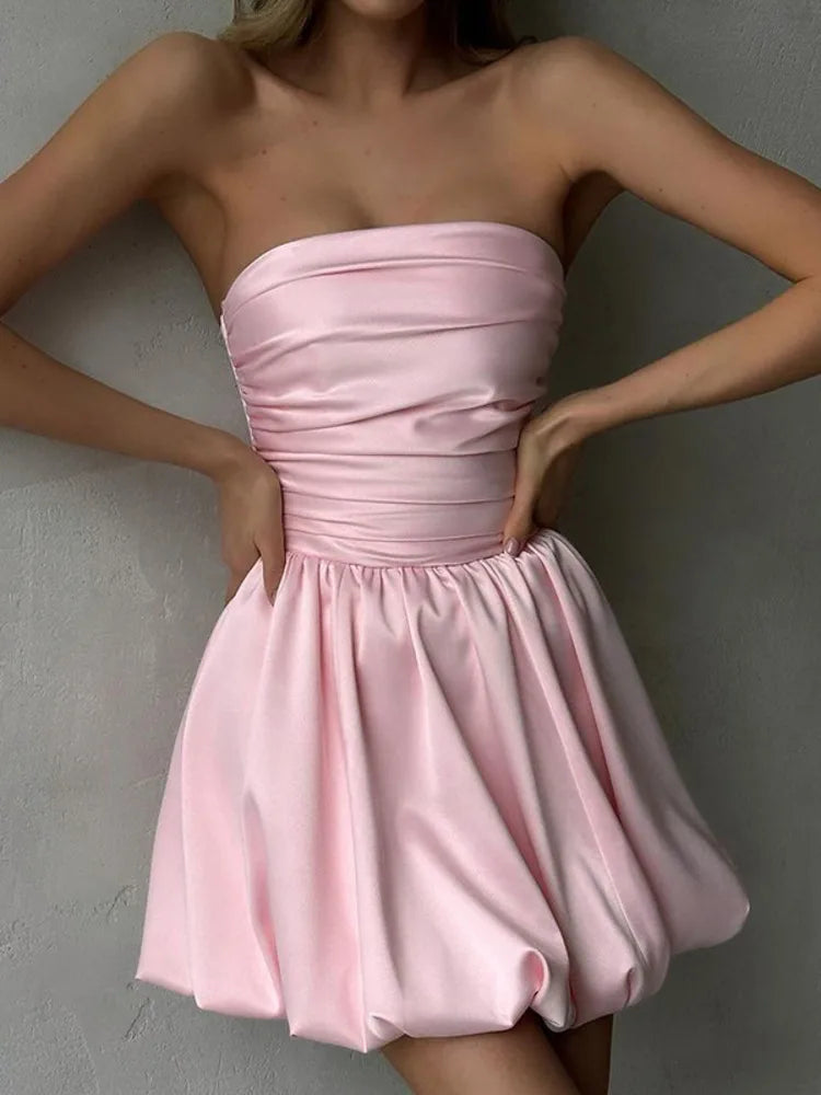 Pink Elegant Simple Sleeveless Pleated Satin Off-the-shoulder A-line Party Dress Homecoming Dress Prom Gown nv1841