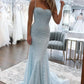 Shiny Light Blue Mermaid Spaghetti Strap Long Ball Gown nv1812