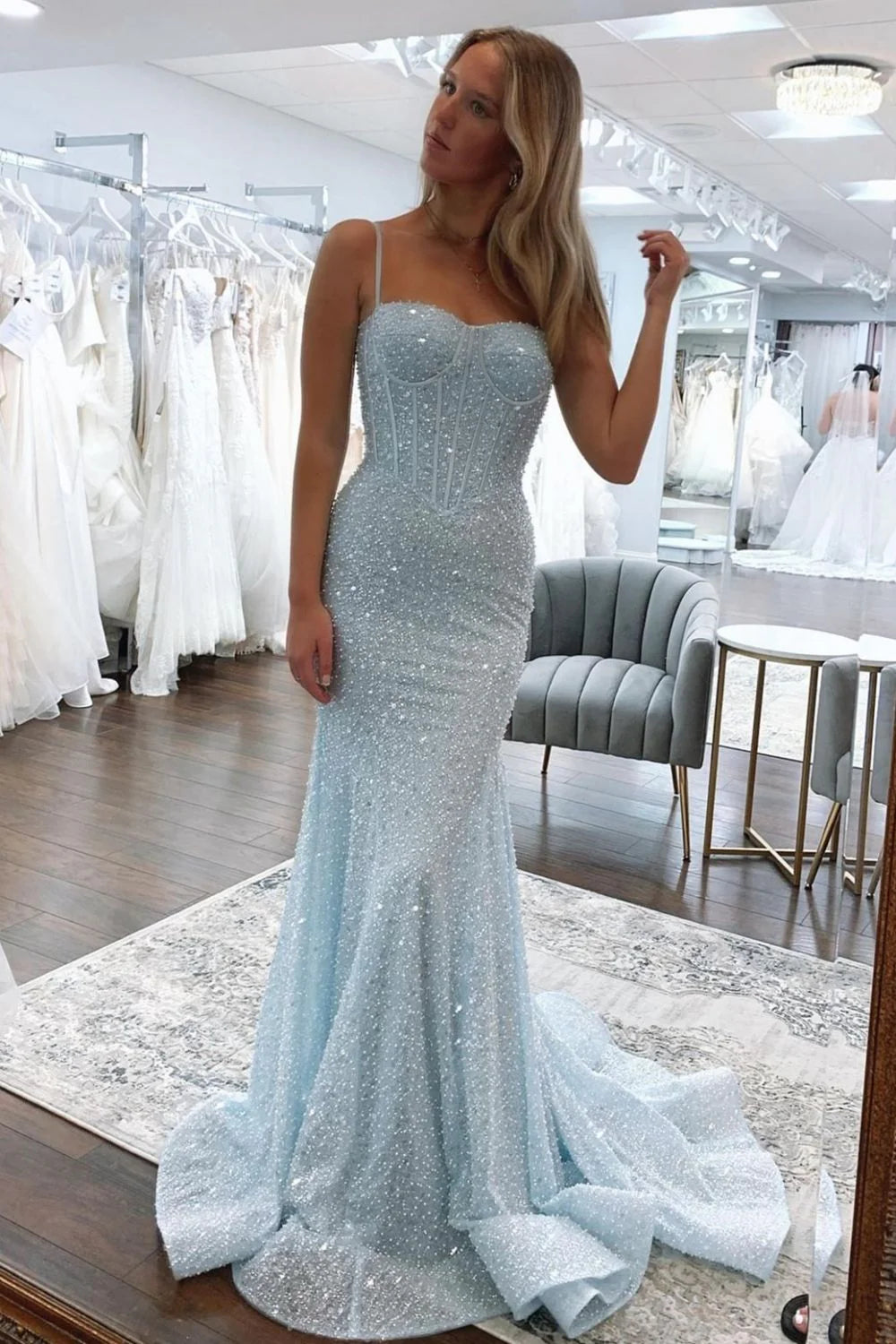 Shiny Light Blue Mermaid Spaghetti Strap Long Ball Gown nv1812