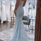 Shiny Light Blue Mermaid Spaghetti Strap Long Ball Gown nv1812