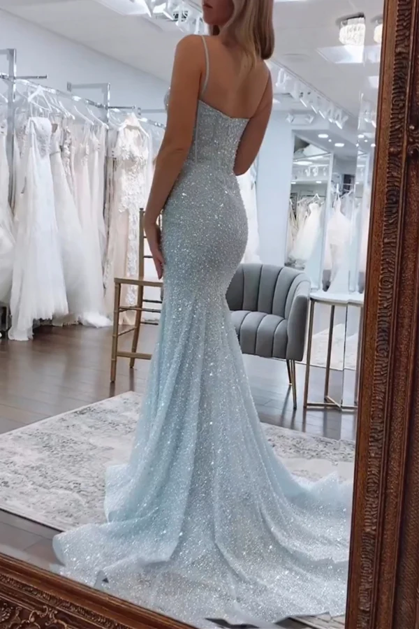 Shiny Light Blue Mermaid Spaghetti Strap Long Ball Gown nv1812