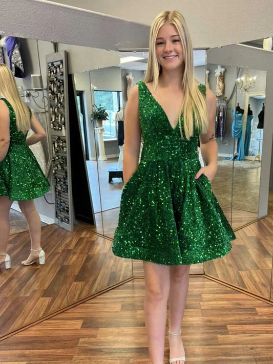 Shiny Sequins V Neck Green Prom Dresses, Short Green Homecoming Dresses, Green Formal Evening Dresses nv1517