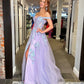 Shiny V Neck Off Shoulder Lilac Lace Long Prom Dresses, Lilac Lace Formal Dresses, Purple Tulle Evening Dresses nv1507