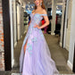 Shiny V Neck Off Shoulder Lilac Lace Long Prom Dresses, Lilac Lace Formal Dresses, Purple Tulle Evening Dresses nv1507