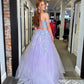 Shiny V Neck Off Shoulder Lilac Lace Long Prom Dresses, Lilac Lace Formal Dresses, Purple Tulle Evening Dresses nv1507