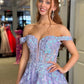 Shiny V Neck Off Shoulder Lilac Lace Long Prom Dresses, Lilac Lace Formal Dresses, Purple Tulle Evening Dresses nv1507