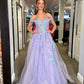 Shiny V Neck Off Shoulder Lilac Lace Long Prom Dresses, Lilac Lace Formal Dresses, Purple Tulle Evening Dresses nv1507