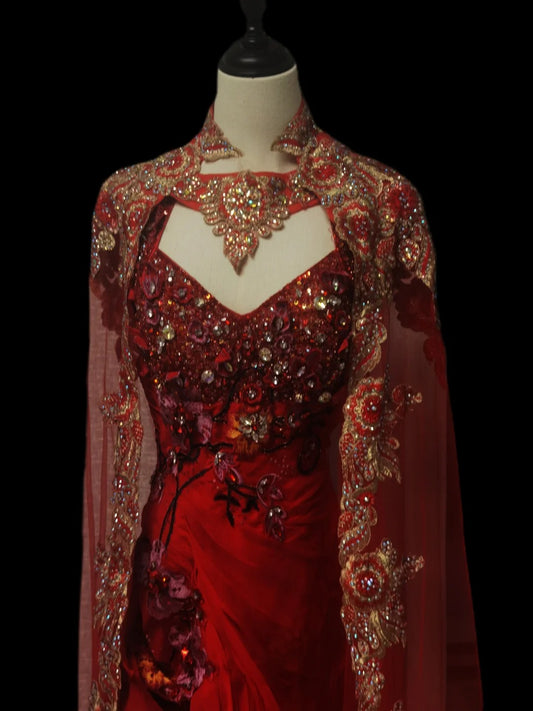 Red luxury gorgeous elegant exquisite gemstone floral beading long satin tulle floor length trailing ball gown evening dress party dress prom dress with cape nv3918