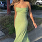 Lime Green Spaghetti Straps Ruffled Shiny Elastic Slit Tail Gradient Color Long Mermaid Ball Gown Evening Dress Party Dress nv2407