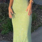 Lime Green Spaghetti Straps Ruffled Shiny Elastic Slit Tail Gradient Color Long Mermaid Ball Gown Evening Dress Party Dress nv2407