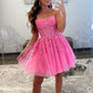 Strapless Hot Pink Lace Prom Dresses, Hot Pink Lace Homecoming Dresses, Short Hot Pink Formal Graduation Evening Dresses  nv1487