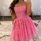 Strapless Hot Pink Lace Prom Dresses, Hot Pink Lace Homecoming Dresses, Short Hot Pink Formal Graduation Evening Dresses  nv1487