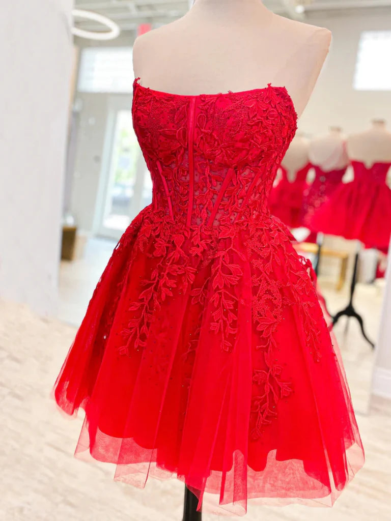 Strapless Purple/Red/Blue Lace Short Prom Dresses, Purple/Red/Blue Lace Homecoming Dresses, Short Formal Evening Dresses  nv1483