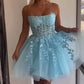 Strapless Purple/Red/Blue Lace Short Prom Dresses, Purple/Red/Blue Lace Homecoming Dresses, Short Formal Evening Dresses  nv1483