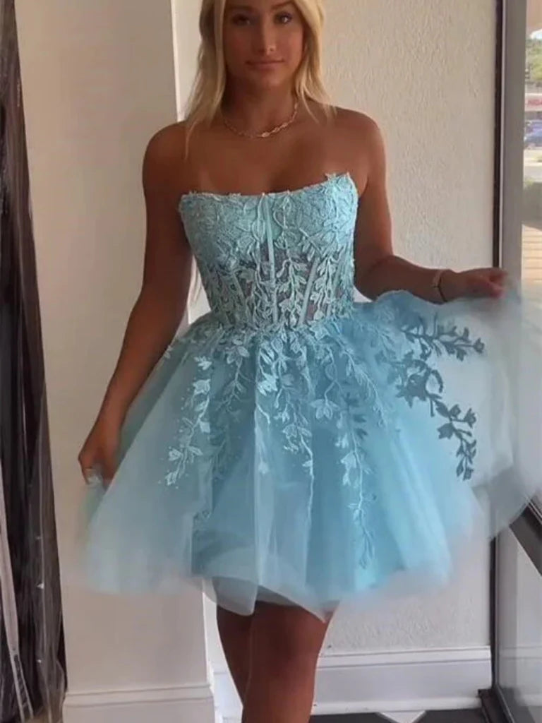 Strapless Purple/Red/Blue Lace Short Prom Dresses, Purple/Red/Blue Lace Homecoming Dresses, Short Formal Evening Dresses  nv1483
