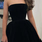 Strapless Tea Length Black Velvet Prom Dresses, Black Velvet Homecoming Dresses, Black Formal Evening Dresses nv1512