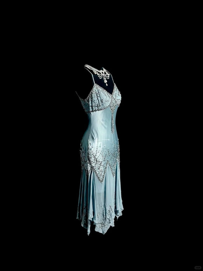 Haze blue satin handmade beading exquisite beautiful short homecoming dress prom dress evening dress birthday party dress nv4719