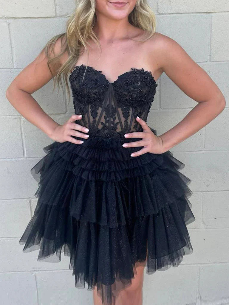 Sweetheart Neck Beaded Black Lace Prom Dresses, Black Lace Homecoming Dresses, Short Black Formal Evening Dresses nv1478