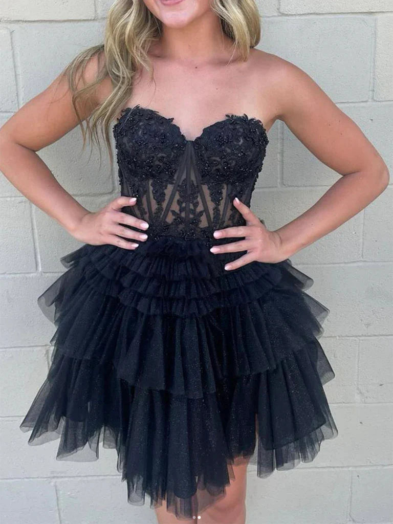 Sweetheart Neck Beaded Black Lace Prom Dresses, Black Lace Homecoming Dresses, Short Black Formal Evening Dresses nv1478