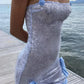 Silver Sequin Sexy Elegant Slim Fit Long Side Slit Blue Flower See-through Evening Dress Ball Gown nv2657