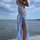 Silver Sequin Sexy Elegant Slim Fit Long Side Slit Blue Flower See-through Evening Dress Ball Gown nv2657