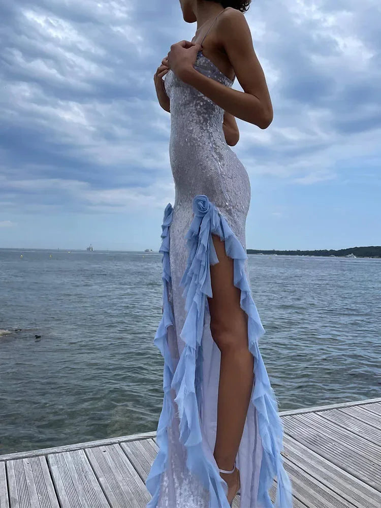 Silver Sequin Sexy Elegant Slim Fit Long Side Slit Blue Flower See-through Evening Dress Ball Gown nv2657