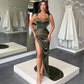 Elegant Olive Green Prom Dressessimple straps v-neck sleeveless high slit satin prom party formal dress nv1649
