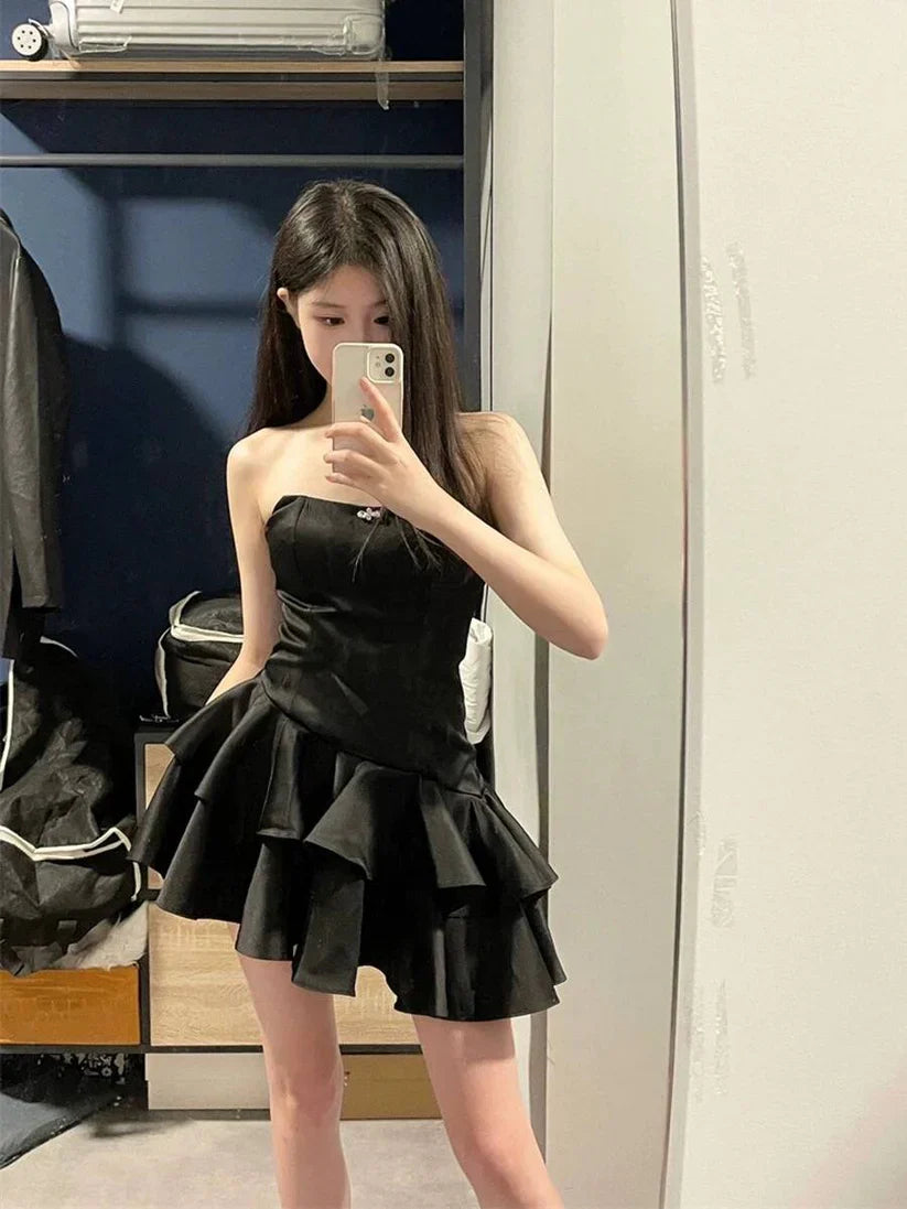 Black ladies new fashion sweet irregular ruffled puffy short dress NVwd2