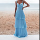 Blue Fashion Elegant Strap A-Line Long Layered Chiffon Ball Gown Evening Gown Party Dress Bridesmaid Dress nv3430