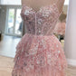 V Neck Pink Lace Sequins Short Prom Dresses, Pink Lace Homecoming Dresses, Pink Sequins Formal Graduation Evening Dresses nv1481