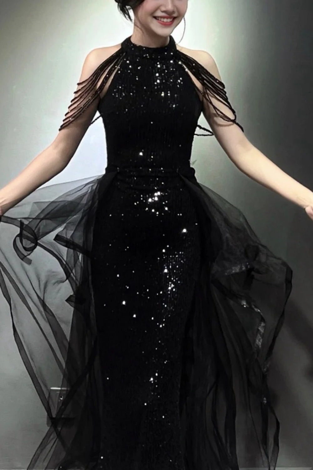 Black shiny long ball gown NV6624