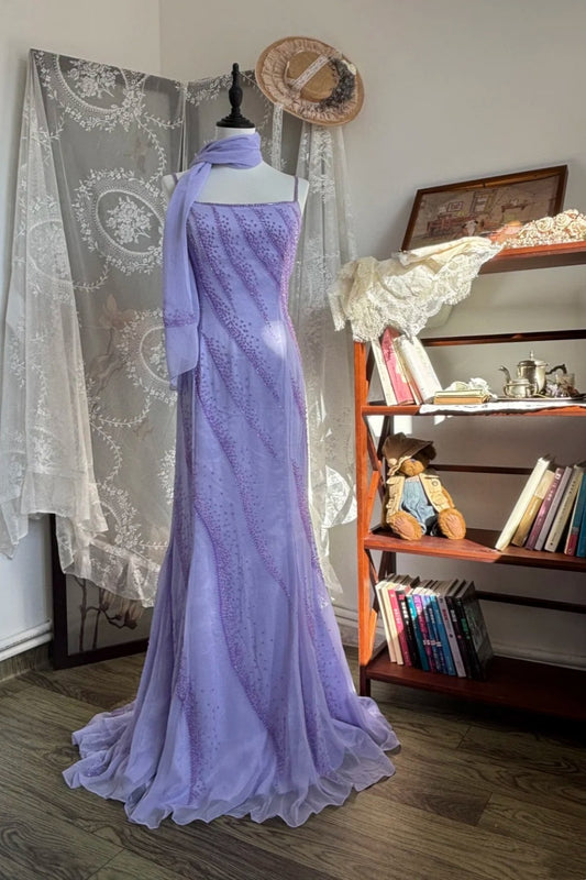 Romantisches Luxus-Abendkleid im Lavendelstil mit Perlenbesatz, gekreuzter Schleppe am Rücken – Elegantes Kleid für Gartenhochzeiten und Dinner NV6363