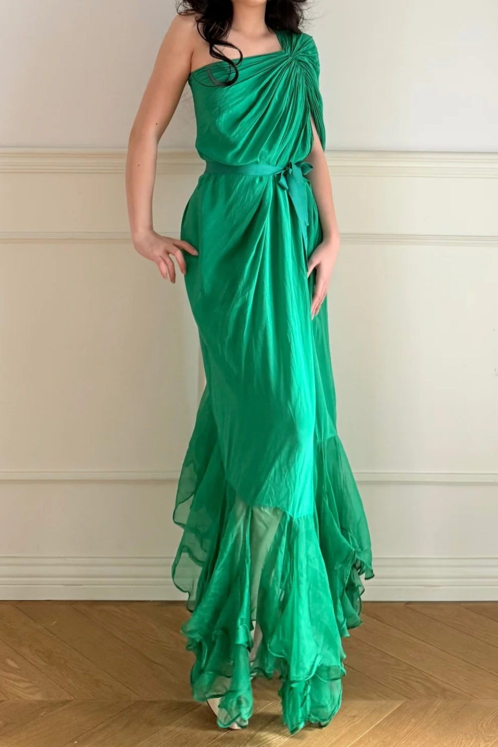Long chiffon evening gown Vintage emerald green NV6746