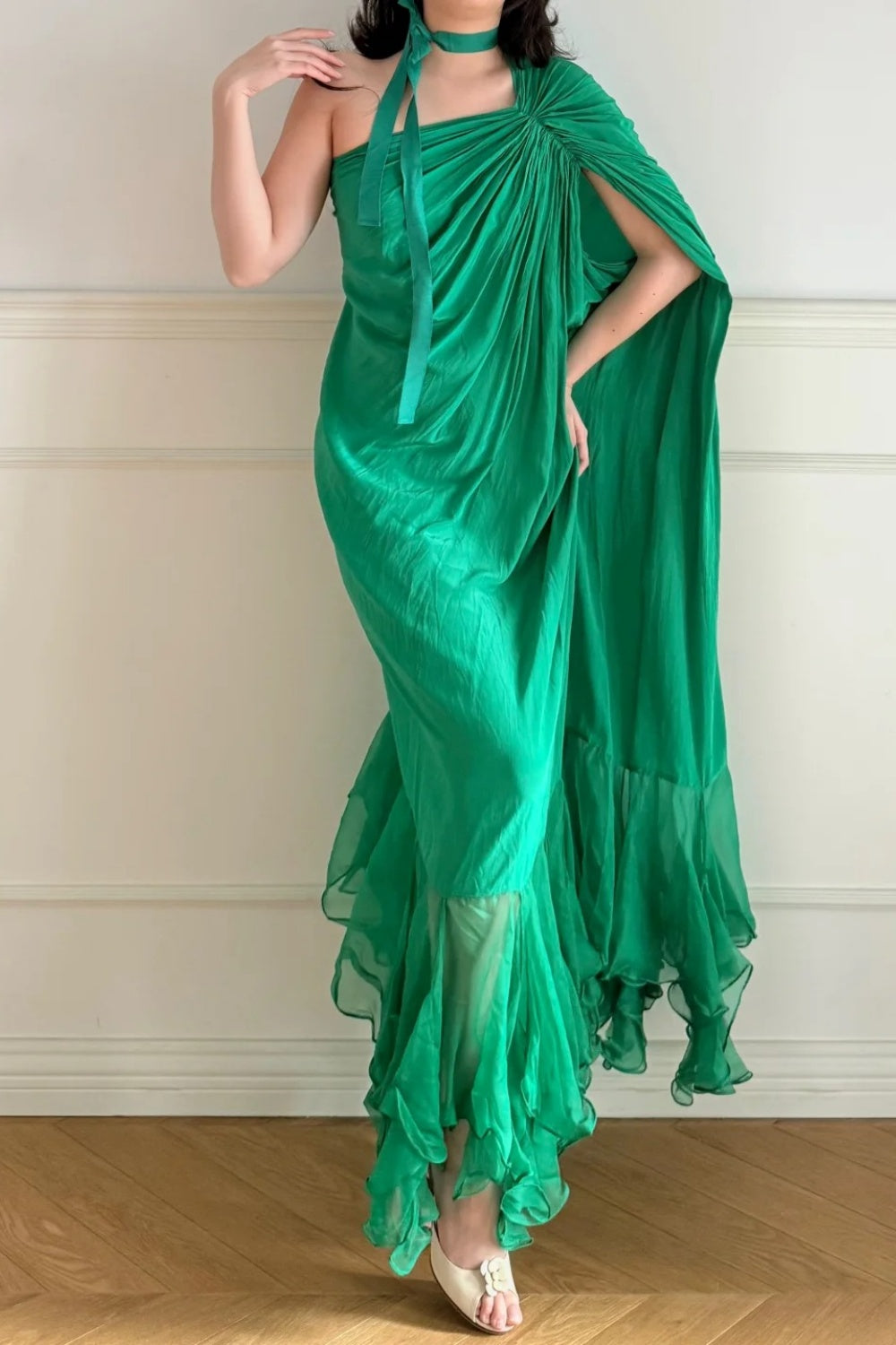 Long chiffon evening gown Vintage emerald green NV6746