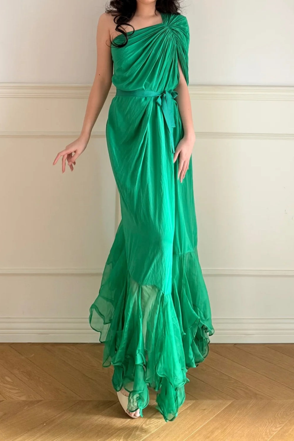 Long chiffon evening gown Vintage emerald green NV6746