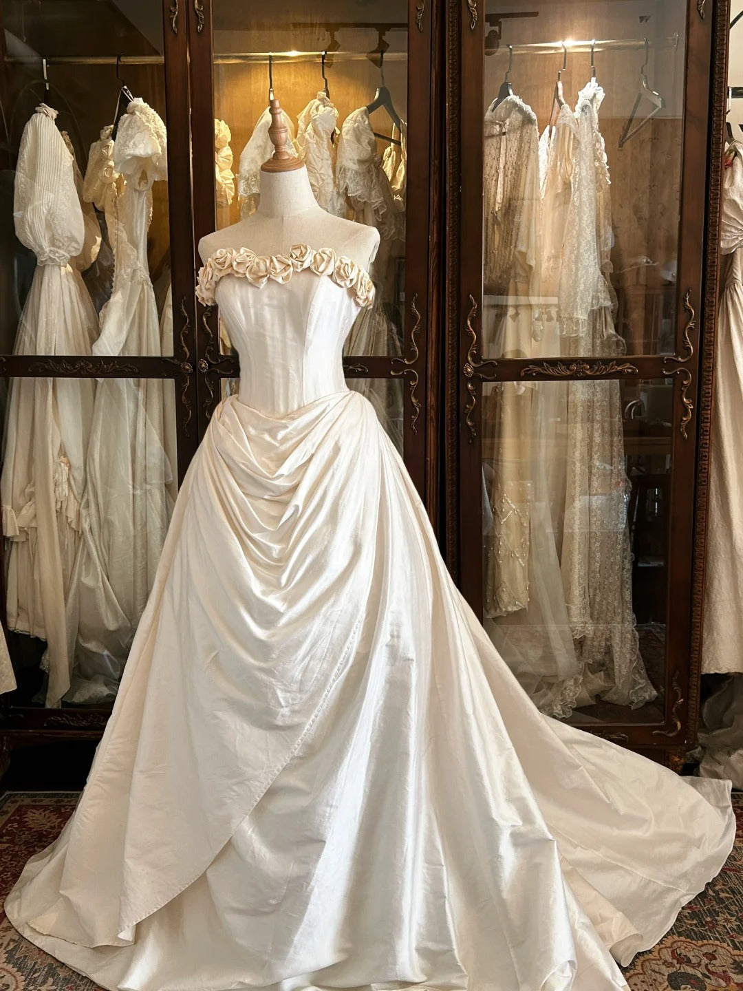 Light Champagne Floral Long Satin Ball Gown Evening Gown Wedding Dress nv4438