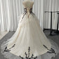 Boho Retro Style Champagne & Black Vine Embroidery Strapless Train Ballgown Light Wedding Dress - Outdoor Garden Wedding Guest Gown NV6340