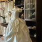 Ivory White Floral Ruffles Elegant Beautiful Long Satin Ball Gown Evening Dress Wedding Dress nv4441