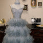 Light Blue Grey Sequin Feather Halter High Neck Ball Gown Evening Dress NV6551