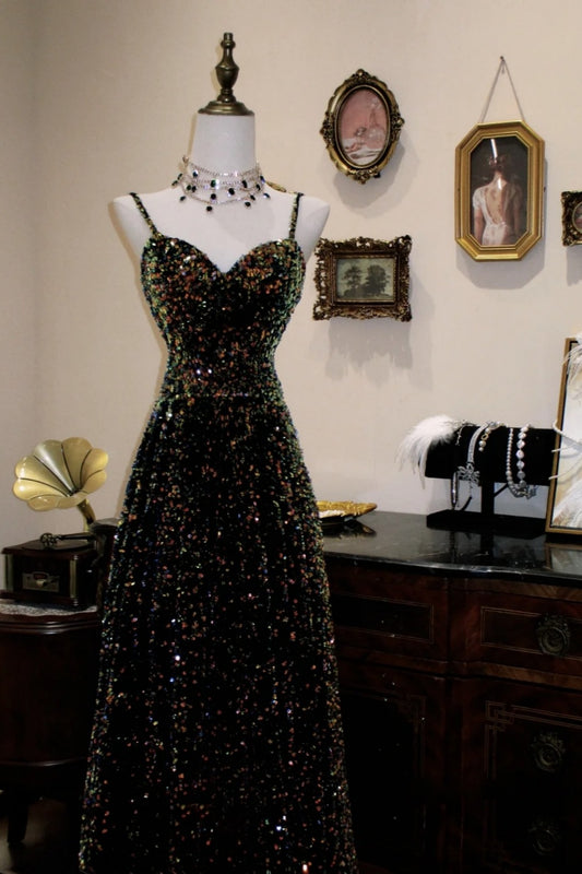 Black Iridescent Sequin Spaghetti Strap Heart Neck Maxi Evening Dress NV6549