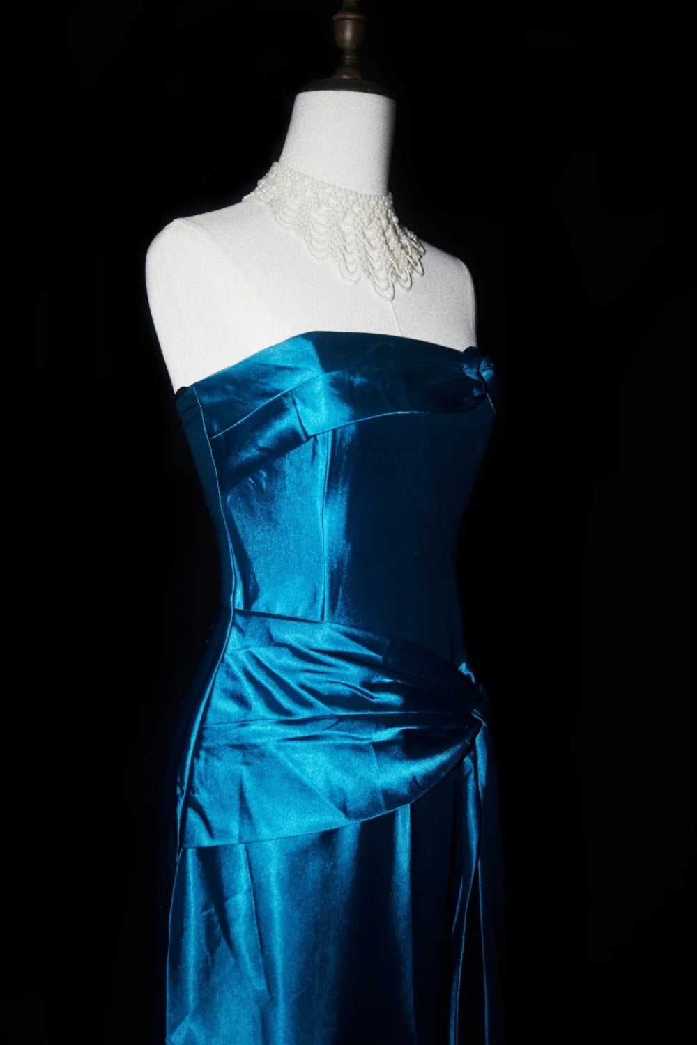 Vintage Deep Sea Venus Gemstone Blue Satin Long Formal Dress NV6606