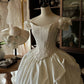 Ivory White Floral Ruffles Elegant Beautiful Long Satin Ball Gown Evening Dress Wedding Dress nv4441