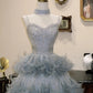 Light Blue Grey Sequin Feather Halter High Neck Ball Gown Evening Dress NV6551